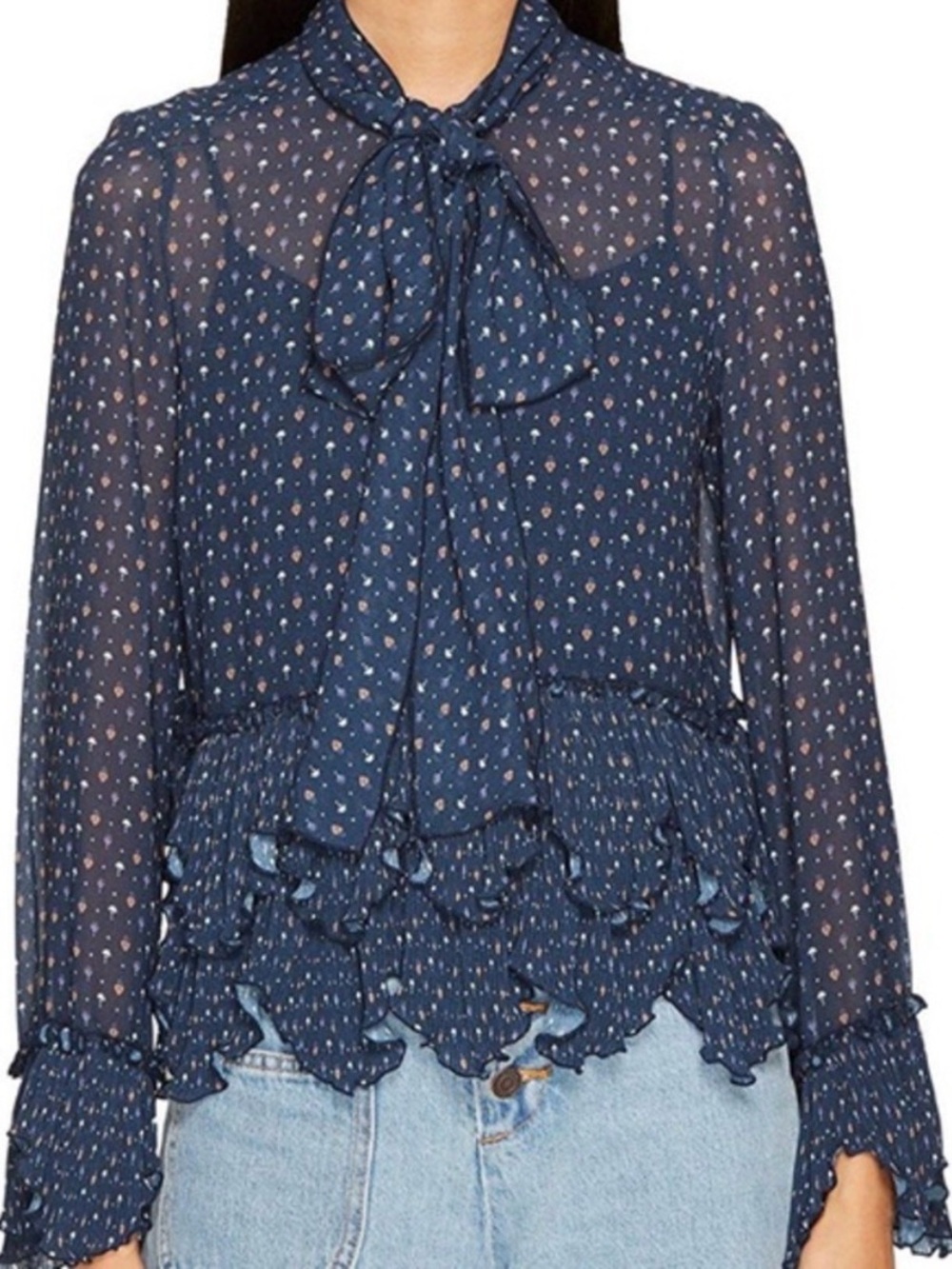 See By Chloe Navy Floral Tie-Neck Ruffle Blouse preppy boho chic luxury